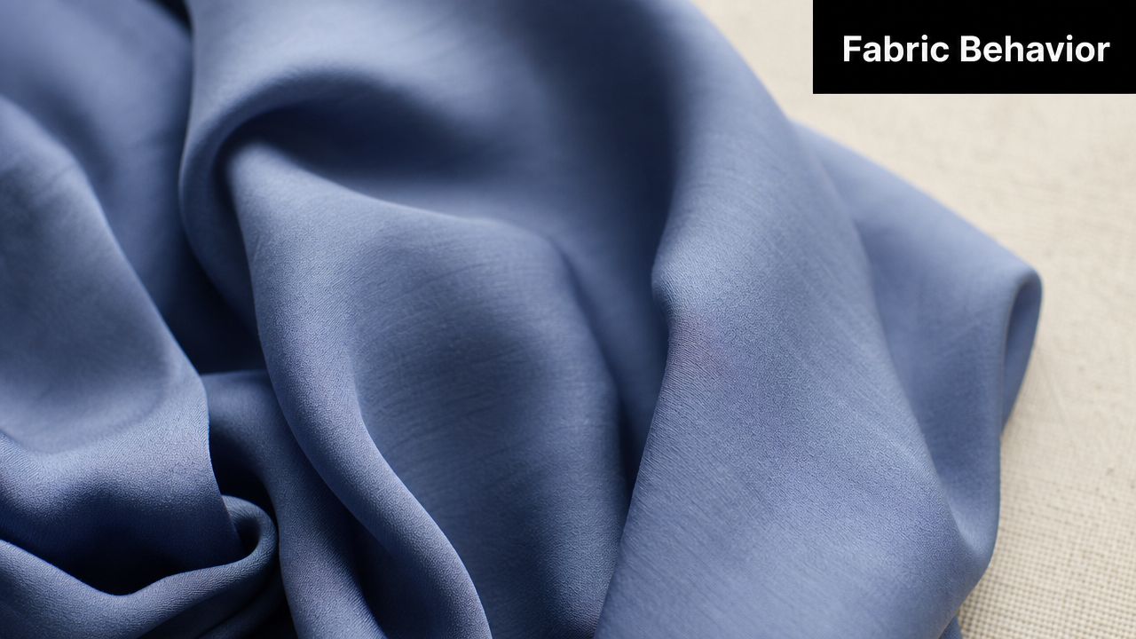 A close-up view of draped blue fabric showing the texture and soft folds of the material.