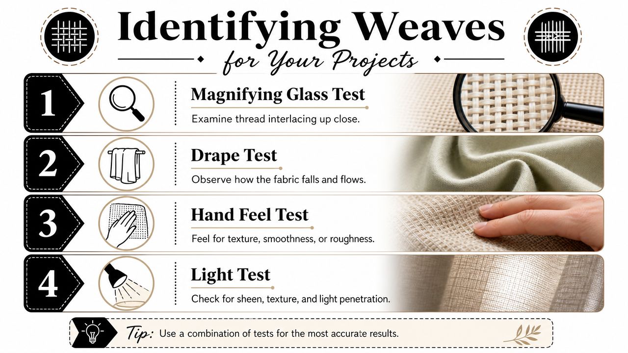 An infographic illustrating four different methods to identify fabric weaves, including magnifying glass, drape, hand feel, and light tests.