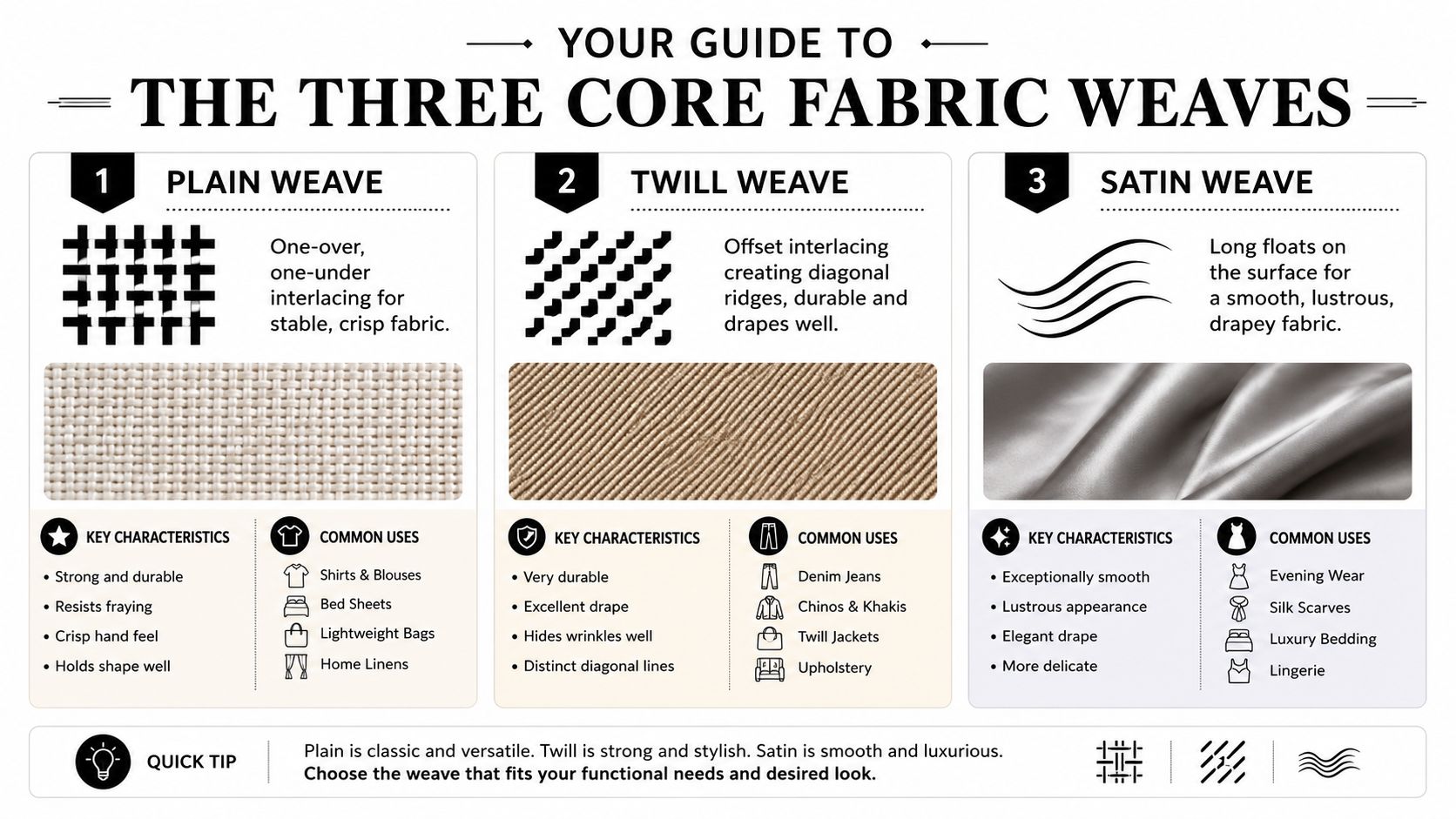 An educational infographic explaining the characteristics and common uses of plain, twill, and satin fabric weaves.