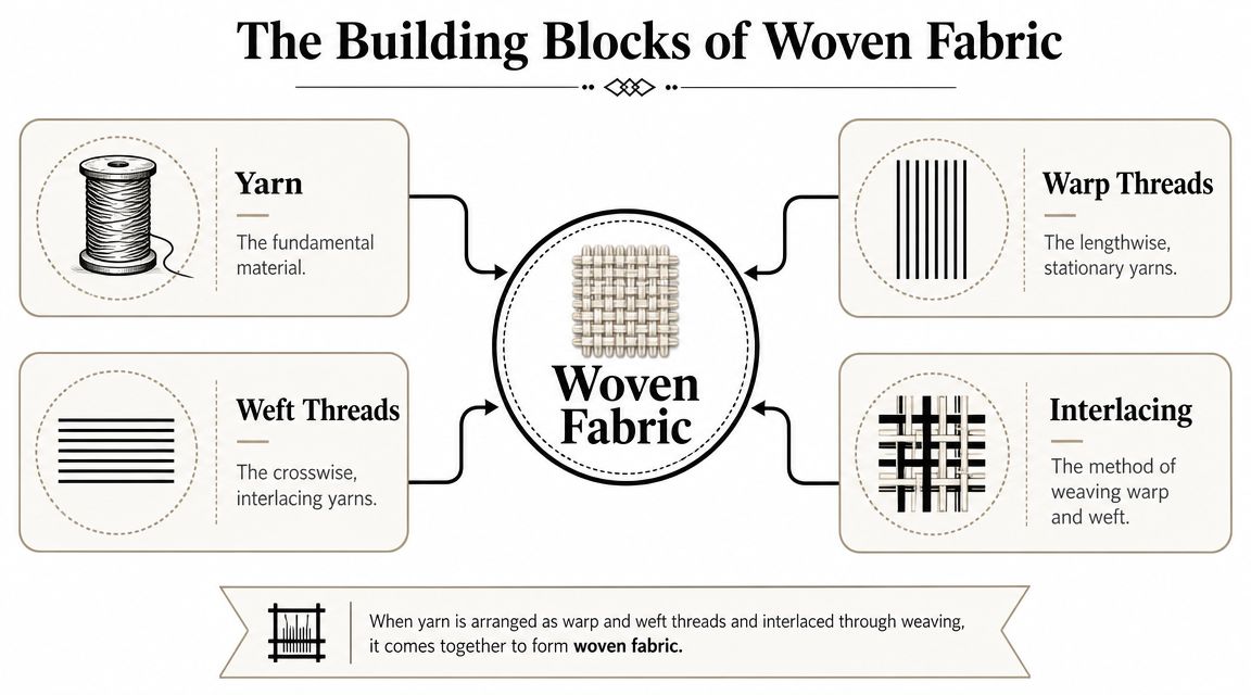 An infographic titled The Building Blocks of Woven Fabric explaining yarn, warp, weft, and interlacing techniques.