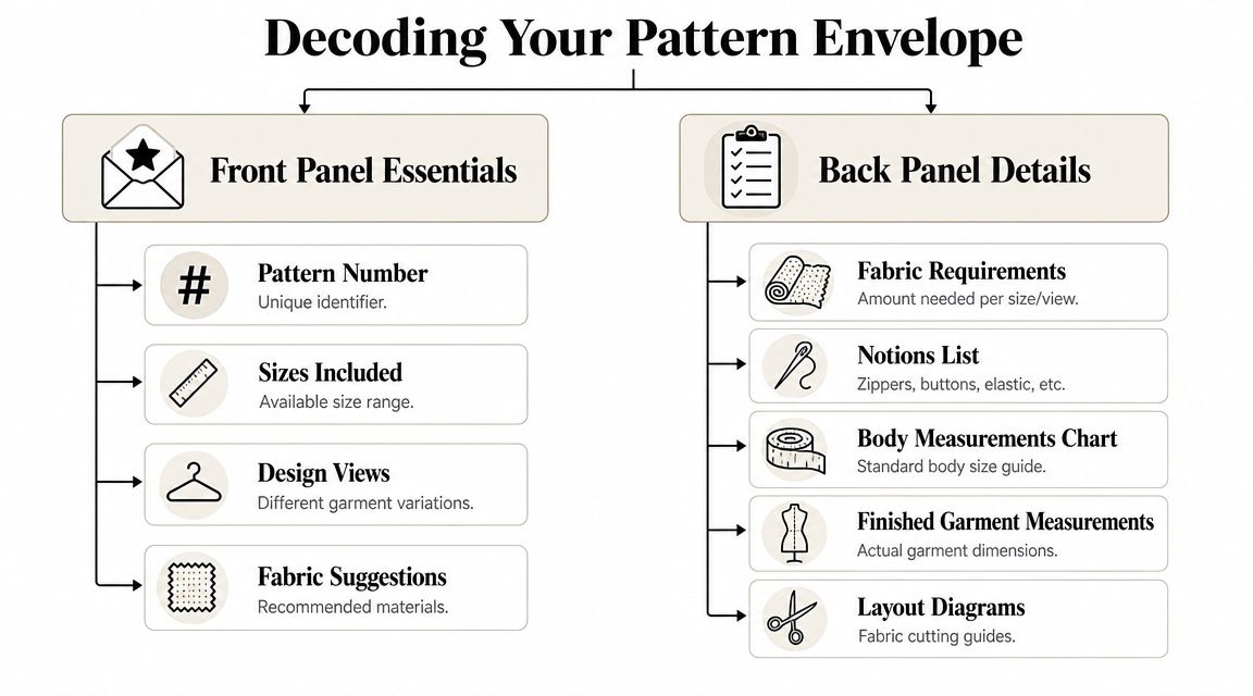An infographic titled Decoding Your Pattern Envelope explaining key components found on front and back sewing patterns.