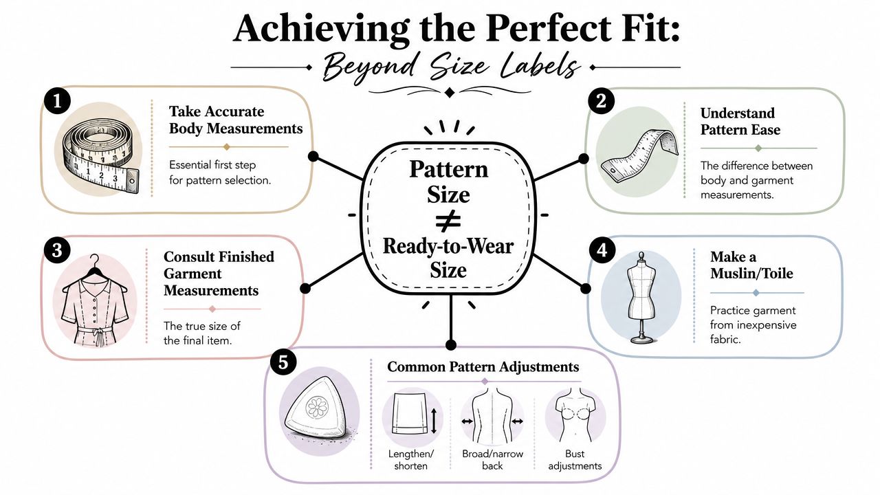 An infographic titled Achieving the Perfect Fit, illustrating five key steps to adjust sewing patterns for better clothing fit.