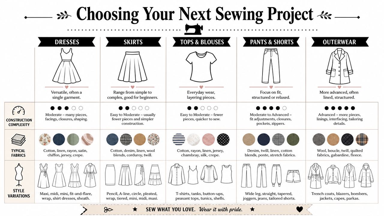 An infographic chart displaying sewing project categories for women's clothing including dresses, skirts, tops, pants, and outerwear.