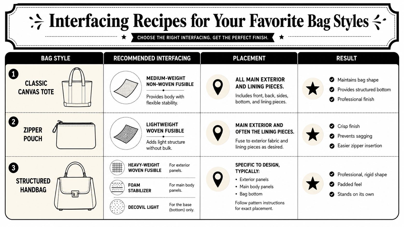 A helpful chart detailing recommended interfacing materials for different bag styles like totes, pouches, and handbags.