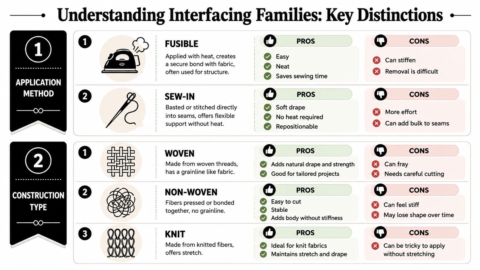A chart illustrating the different types of sewing interfacing categorized by application method and construction type.
