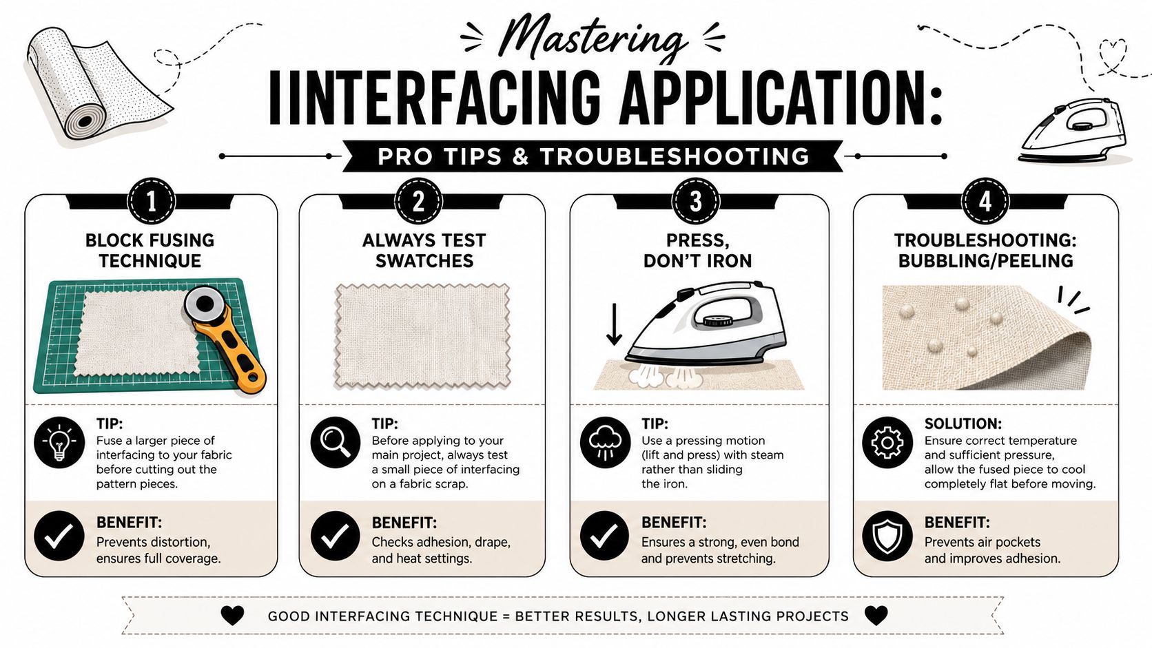 An infographic detailing four professional tips for applying fabric interfacing to improve garment and bag construction.