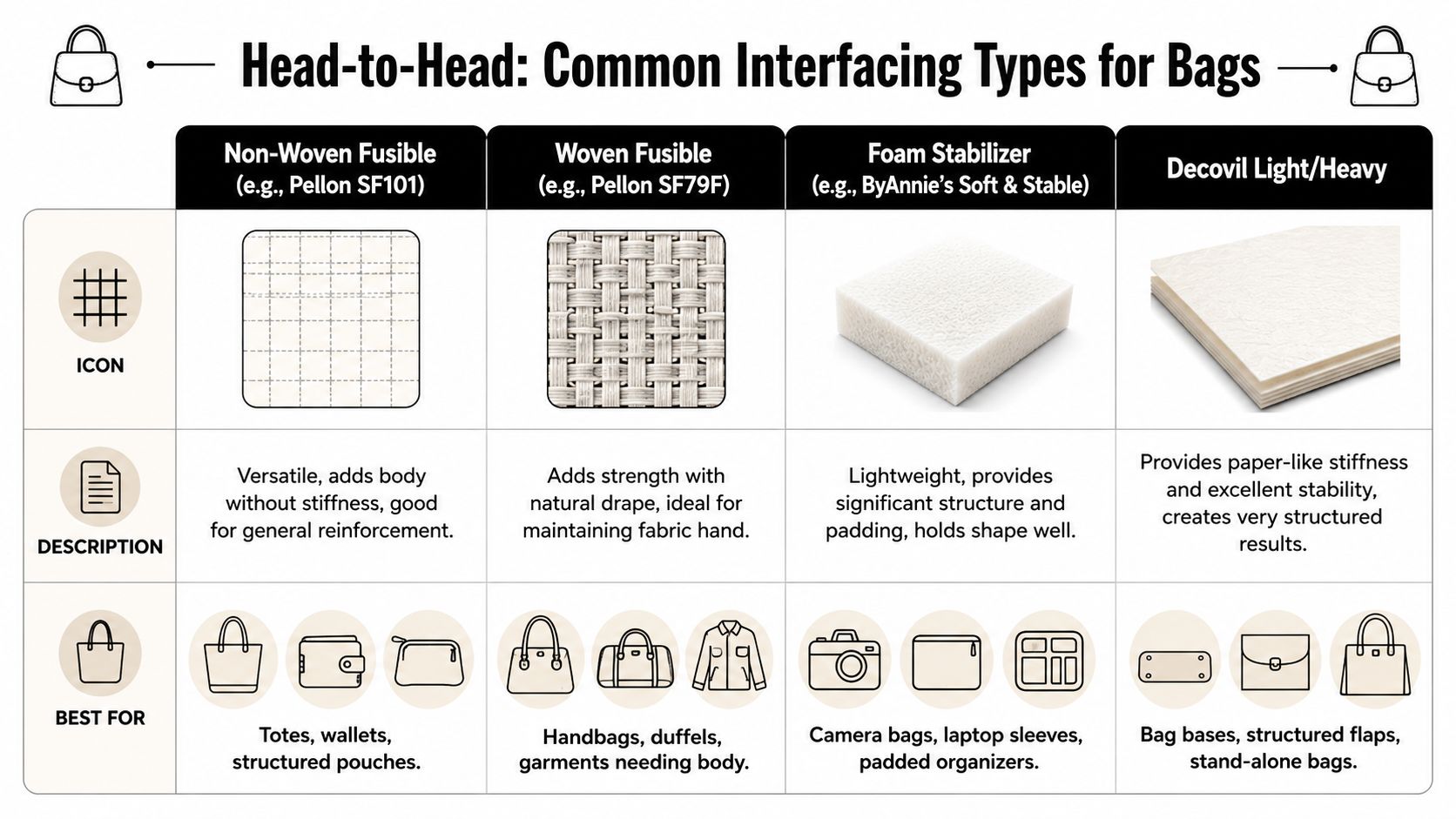A comparison chart outlining the four main types of bag interfacing including descriptions and common project uses.