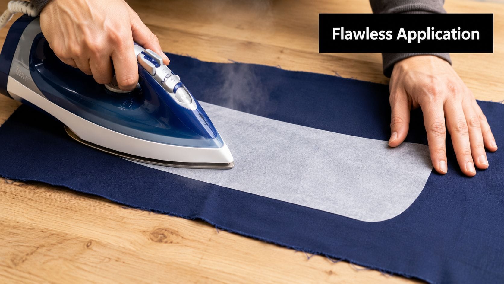 A close-up of hands pressing an iron onto fabric with fusible interfacing to ensure a smooth bond.