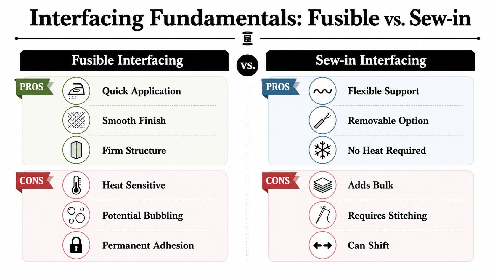 A comparison chart outlining the pros and cons of using fusible versus sew-in interfacing for sewing projects.