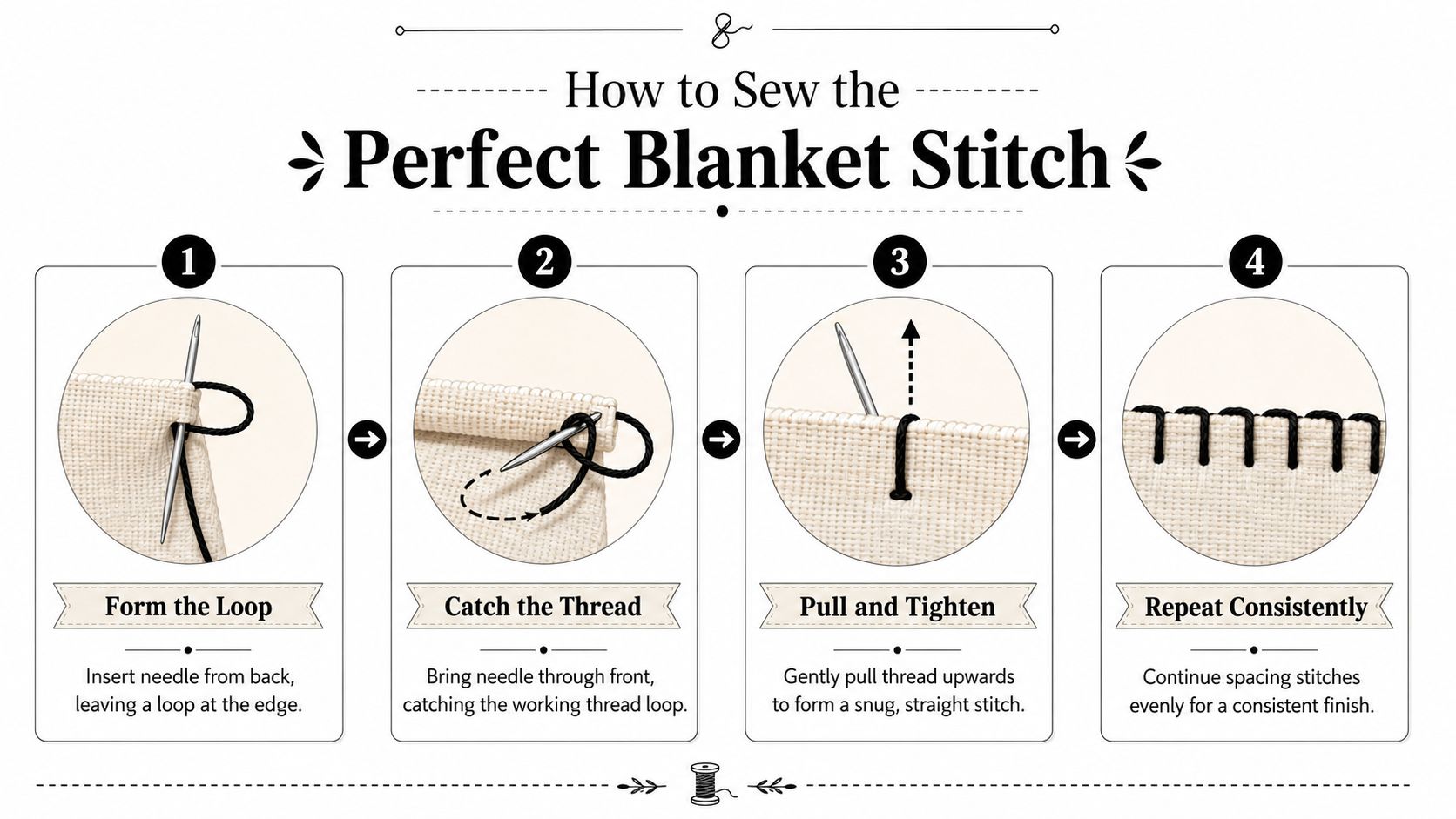 A four-step instructional infographic guide showing how to sew a perfect blanket stitch for fabric edging.