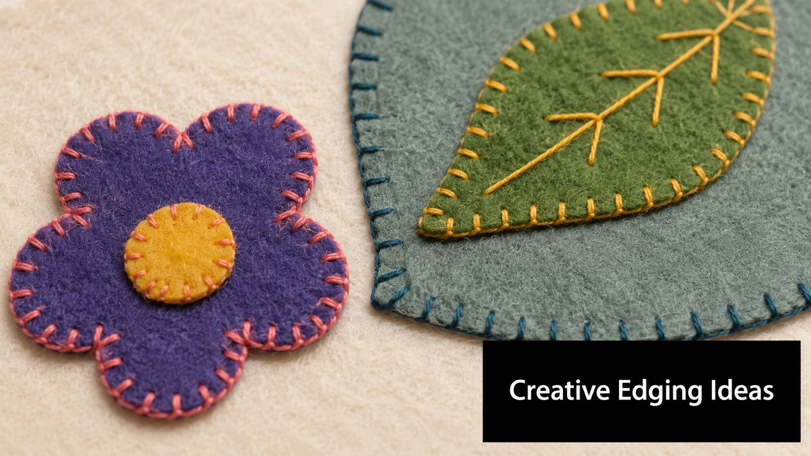 A close-up of purple felt flower and a green leaf applique attached to felt fabric with blanket stitch.