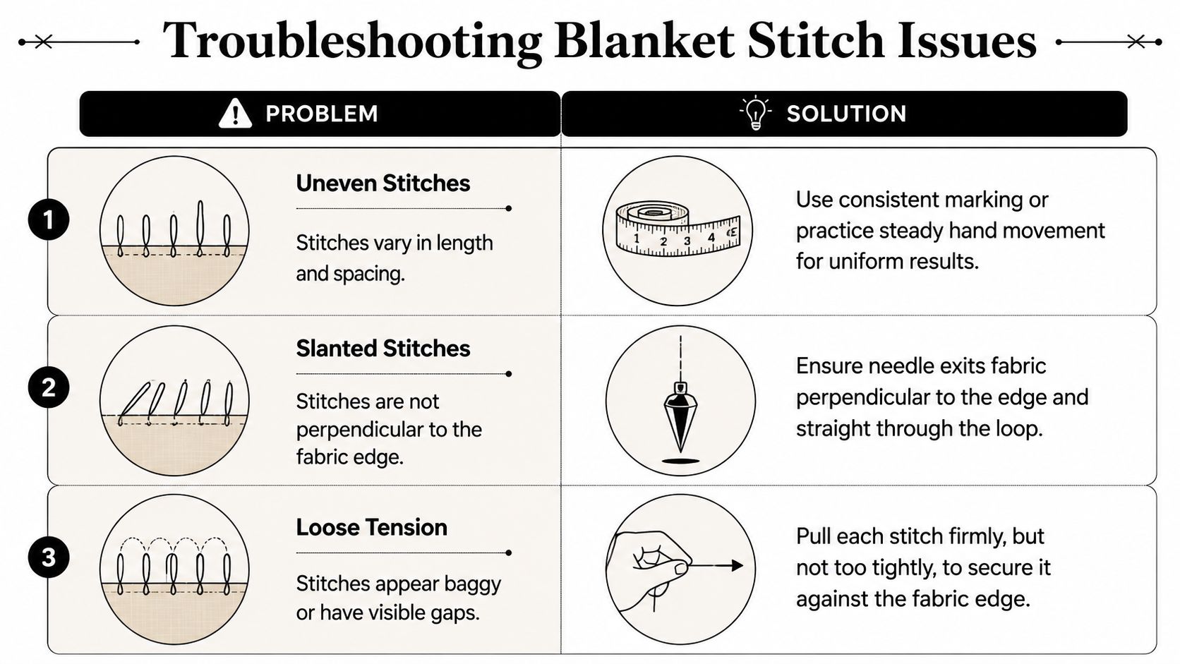 A troubleshooting guide for common blanket stitch issues like uneven, slanted, and loose stitches with solutions.