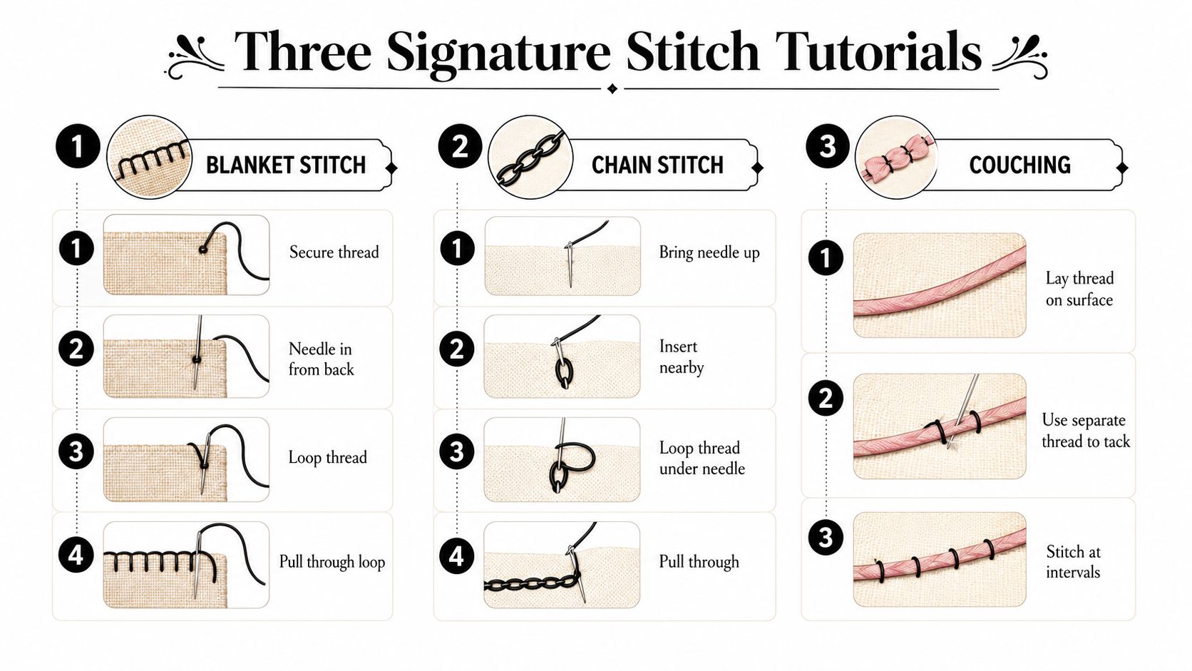 An infographic displaying three signature embroidery stitch tutorials including Blanket Stitch, Chain Stitch, and Couching techniques.