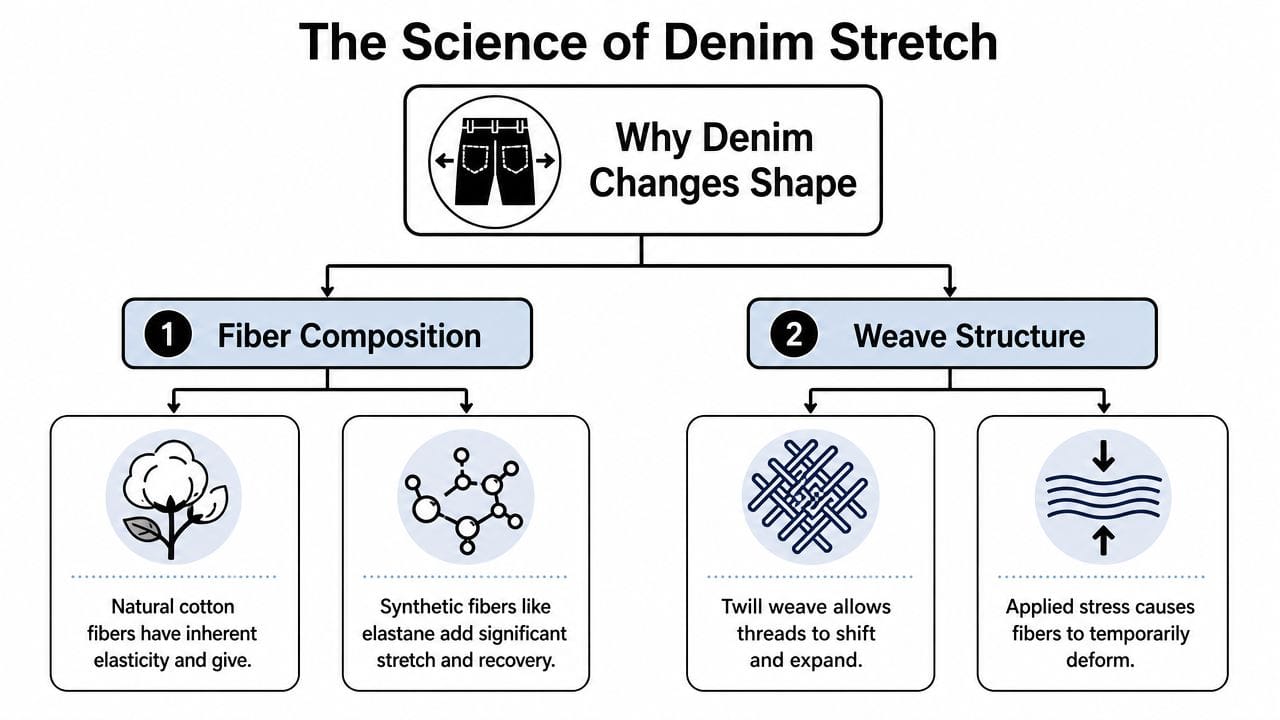 An infographic explaining how fiber composition and weave structure contribute to why denim jeans stretch over time.
