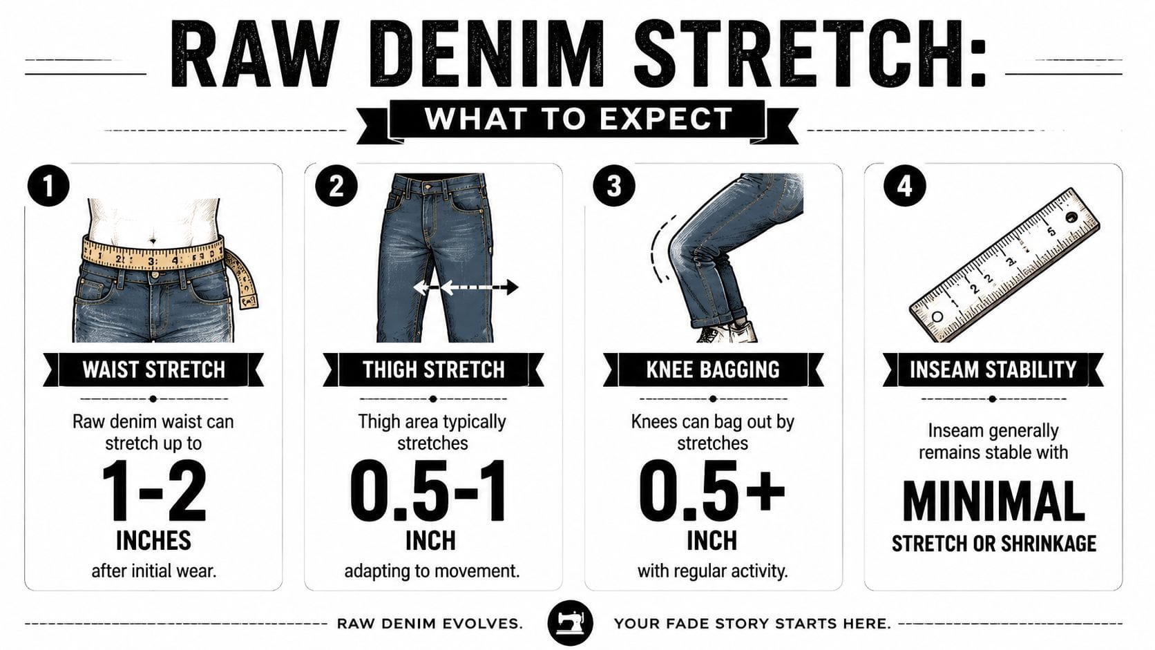 An infographic detailing how raw denim jeans stretch in the waist, thighs, and knees over time.