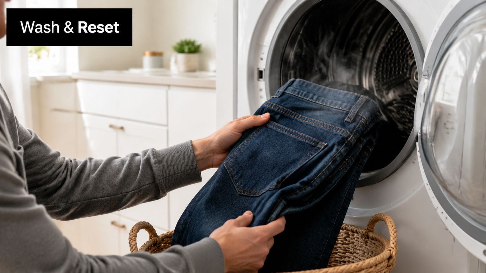 A person placing a pair of dark blue jeans into a washing machine with steam rising