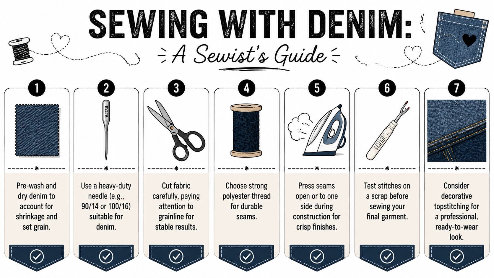 A seven-step infographic guide on sewing with denim, showing tools and tips for fabric construction.