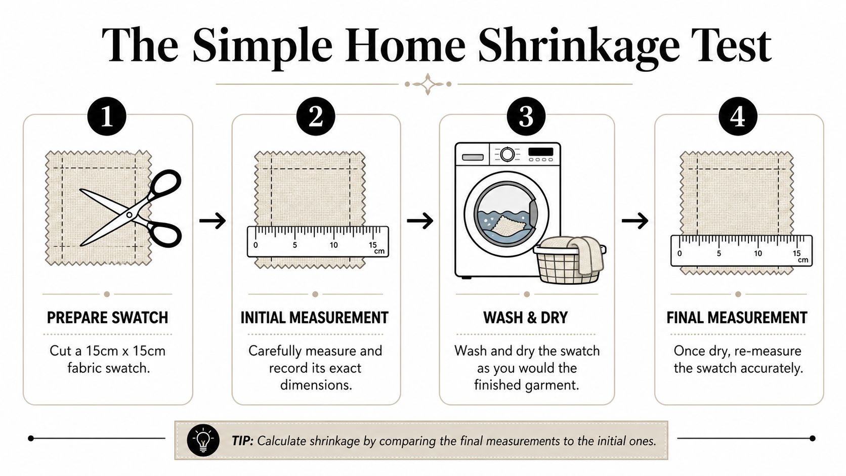 A four-step infographic illustrating the simple home shrinkage test method for measuring fabric dimensions before and after washing.