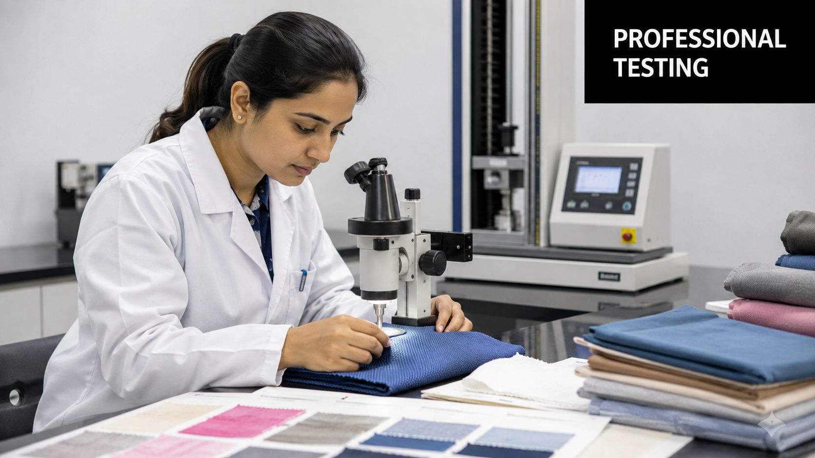 A lab technician examining a fabric sample using a professional microscope for textile quality control analysis.