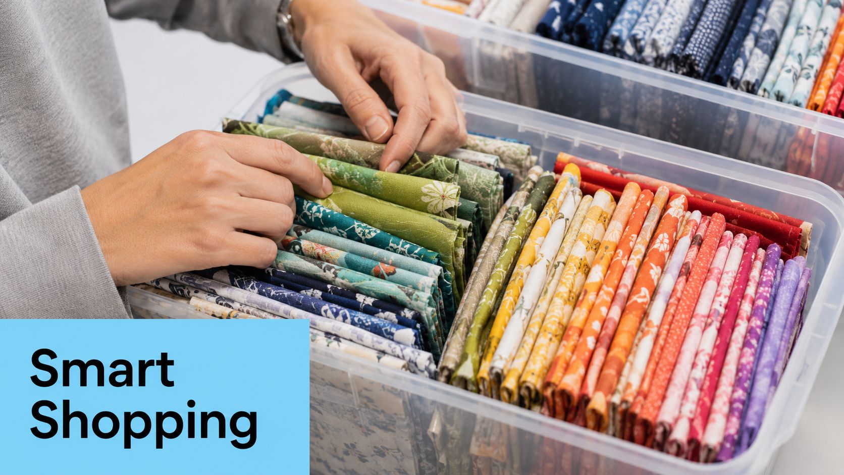 A person organizing colorful fabric fat quarters neatly stored in clear plastic containers for easy access.