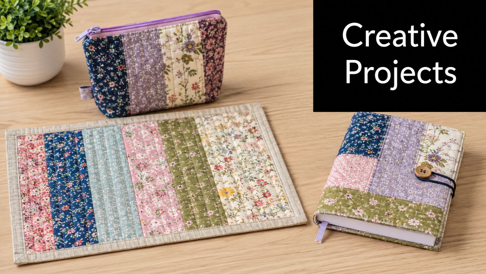 A quilted zippered pouch, a fabric placemat, and a fabric-covered book on a wooden table.