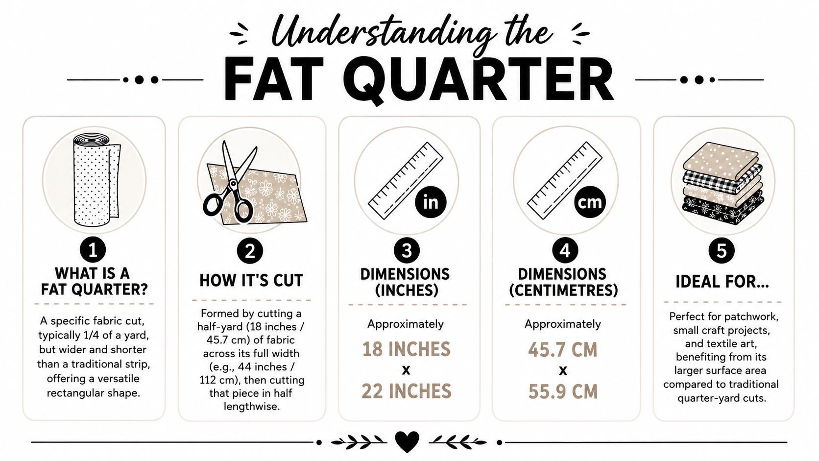 A five-step infographic explaining what a fat quarter of fabric is and how it is measured.