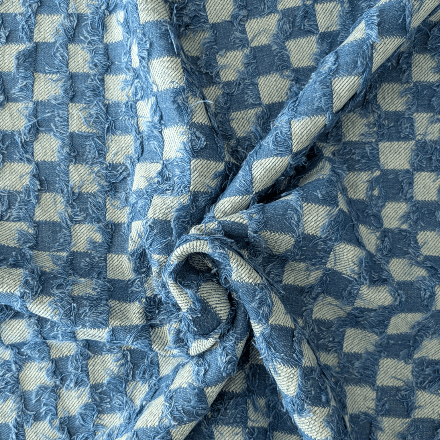 Washed Jacquard Denim Fabric - Check with Fringe - Blue - Mediumweight 150cm Wide