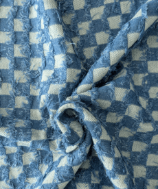 Washed Jacquard Denim Fabric - Check with Fringe - Blue - Mediumweight 150cm Wide