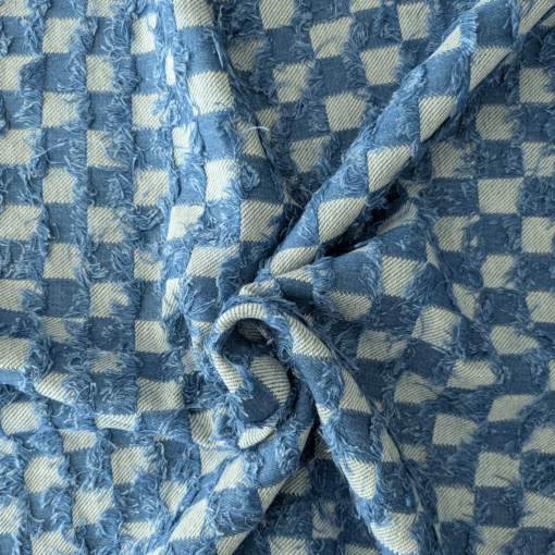Washed Jacquard Denim Fabric - Check with Fringe - Blue - Mediumweight 150cm Wide