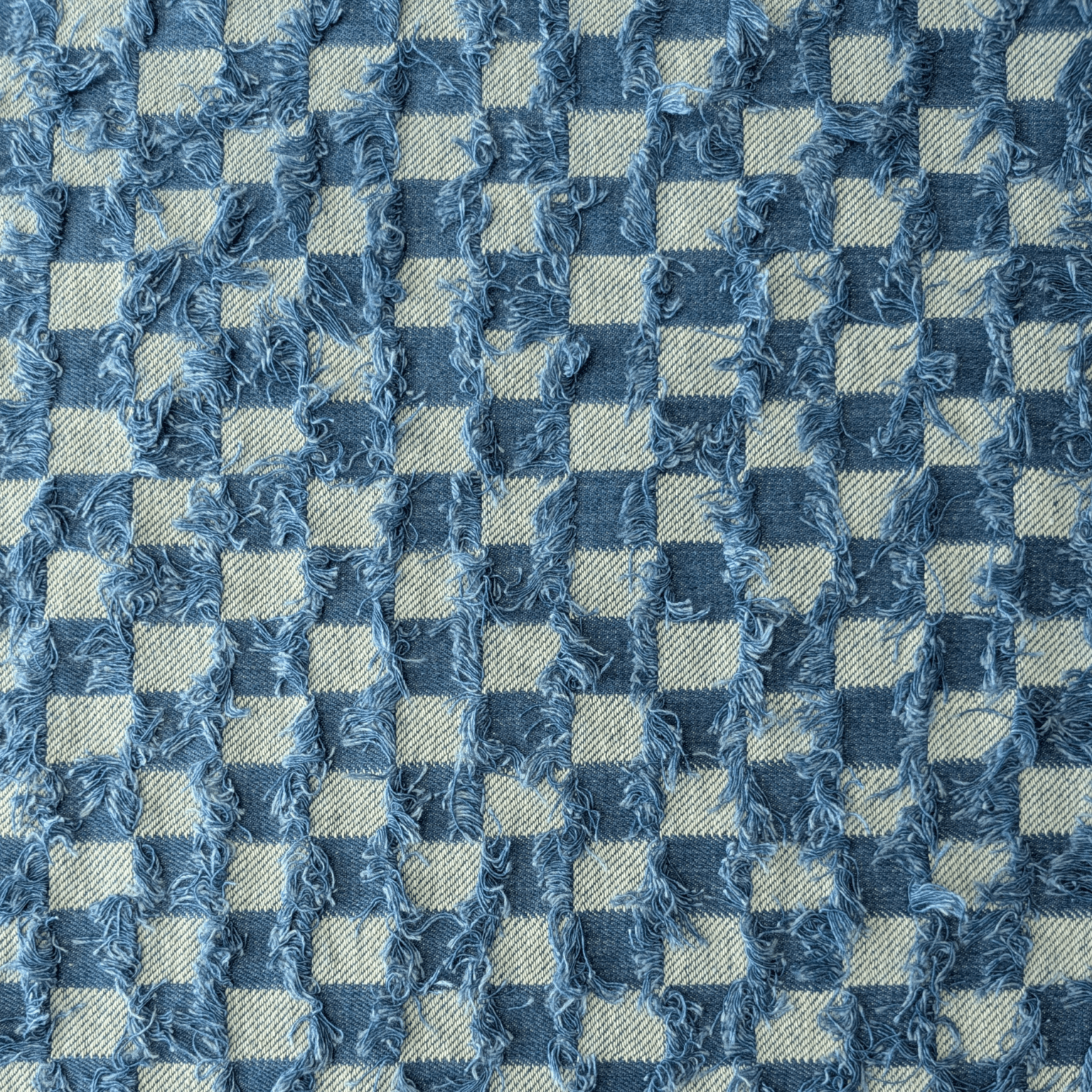 Washed Jacquard Denim Fabric - Check with Fringe - Blue - Mediumweight 150cm Wide