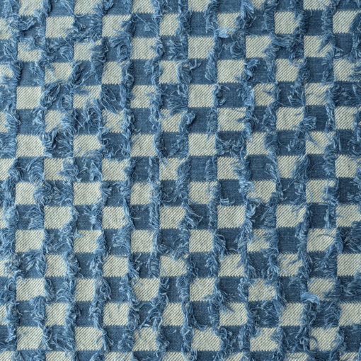Washed Jacquard Denim Fabric - Check with Fringe - Blue - Mediumweight 150cm Wide