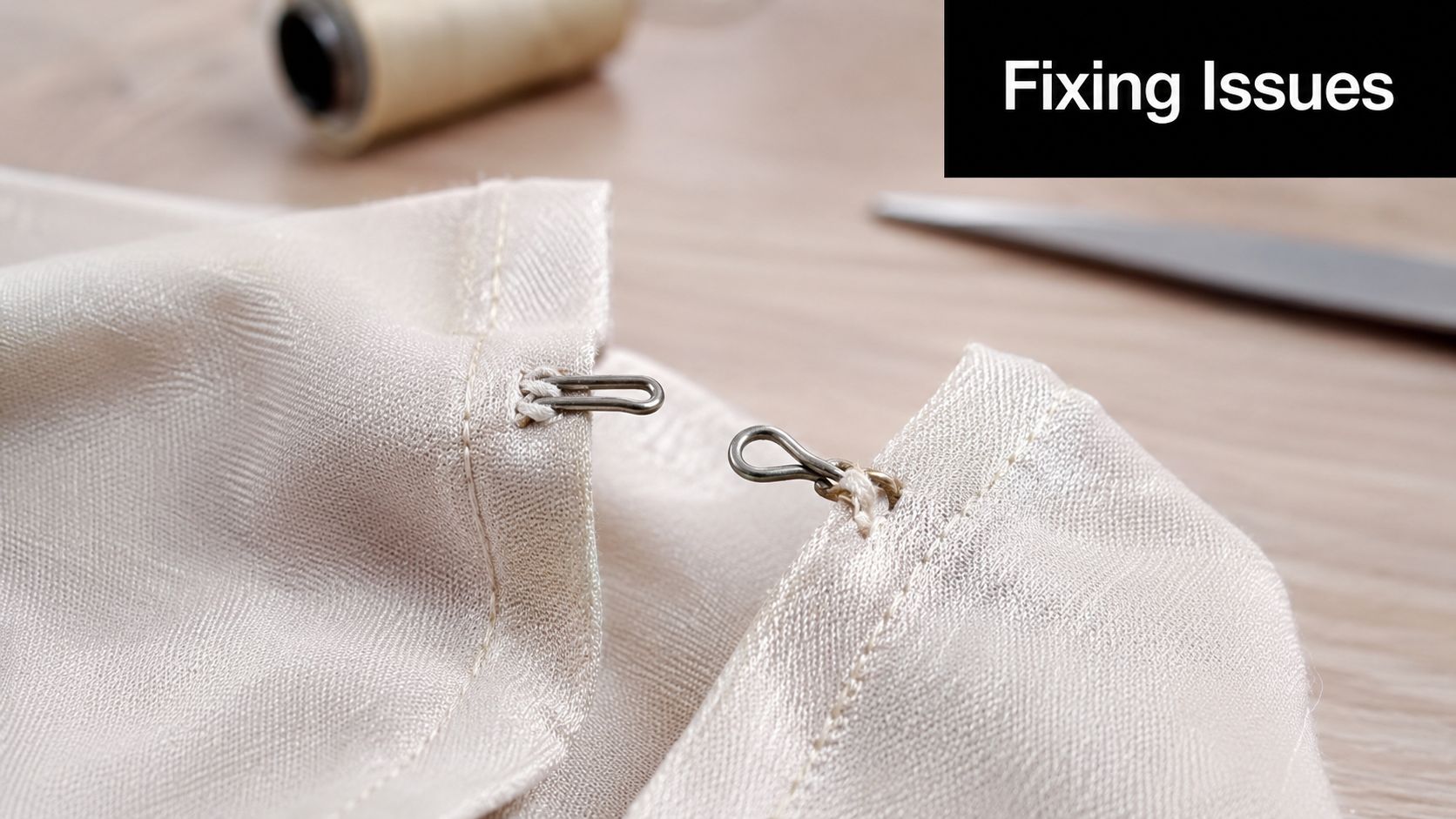 Close-up of beige fabric showing metal hook and eye fasteners ready to be sewn together.