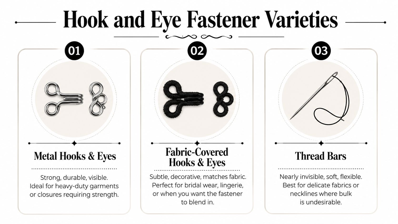A graphic infographic displaying three types of hook and eye fasteners: metal, fabric-covered, and thread bars.