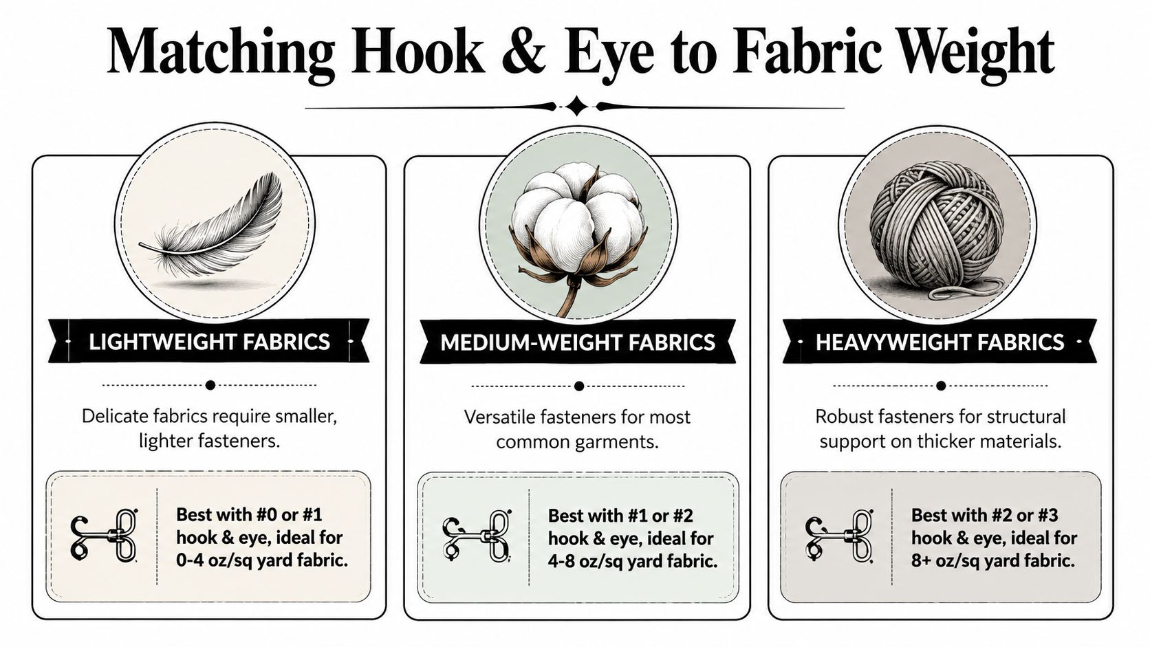 A guide matching hook and eye fasteners to lightweight, medium, and heavyweight fabrics for sewing projects.