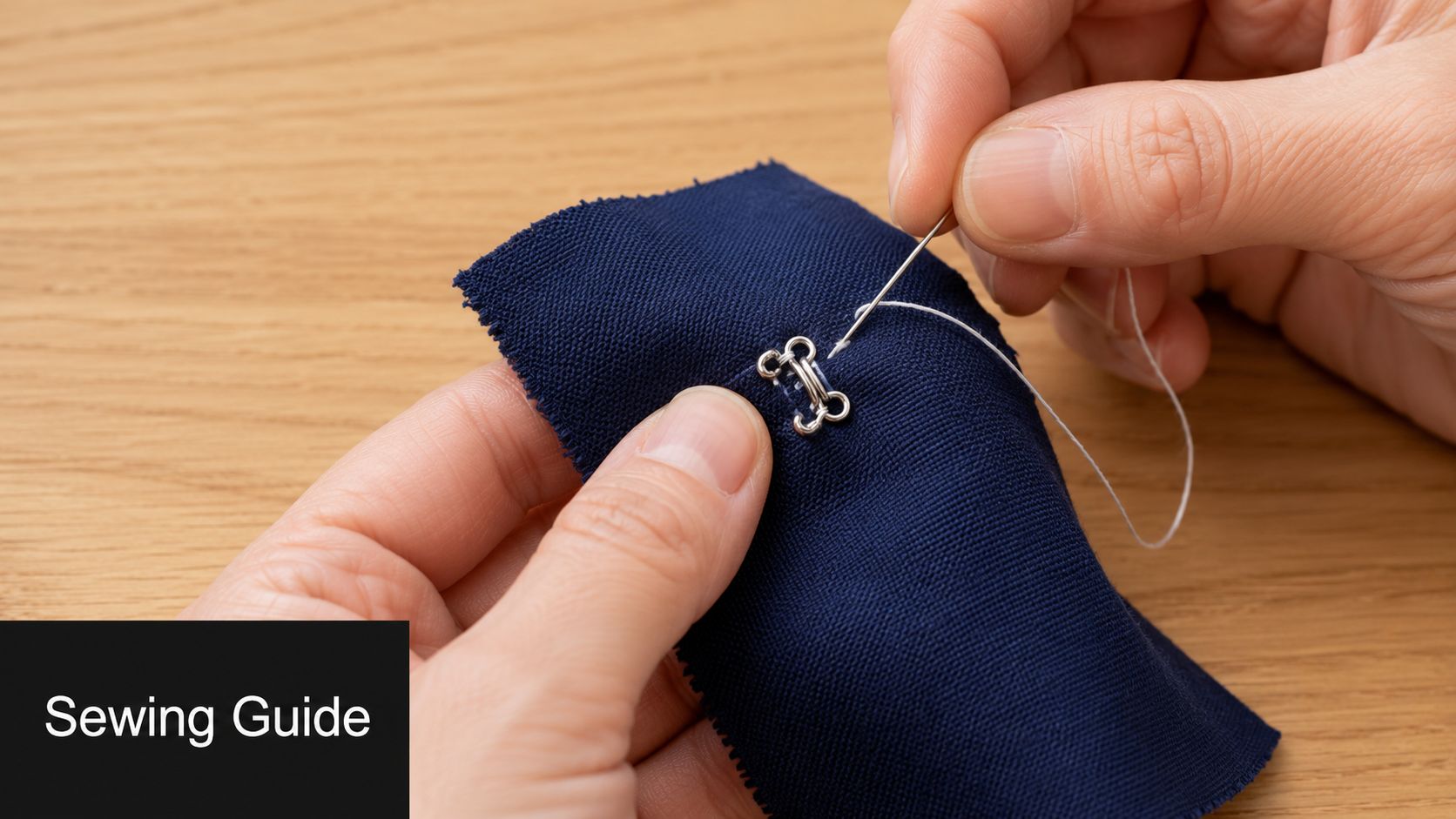 A close-up view of hands sewing a small metal hook and eye fastener onto blue fabric.