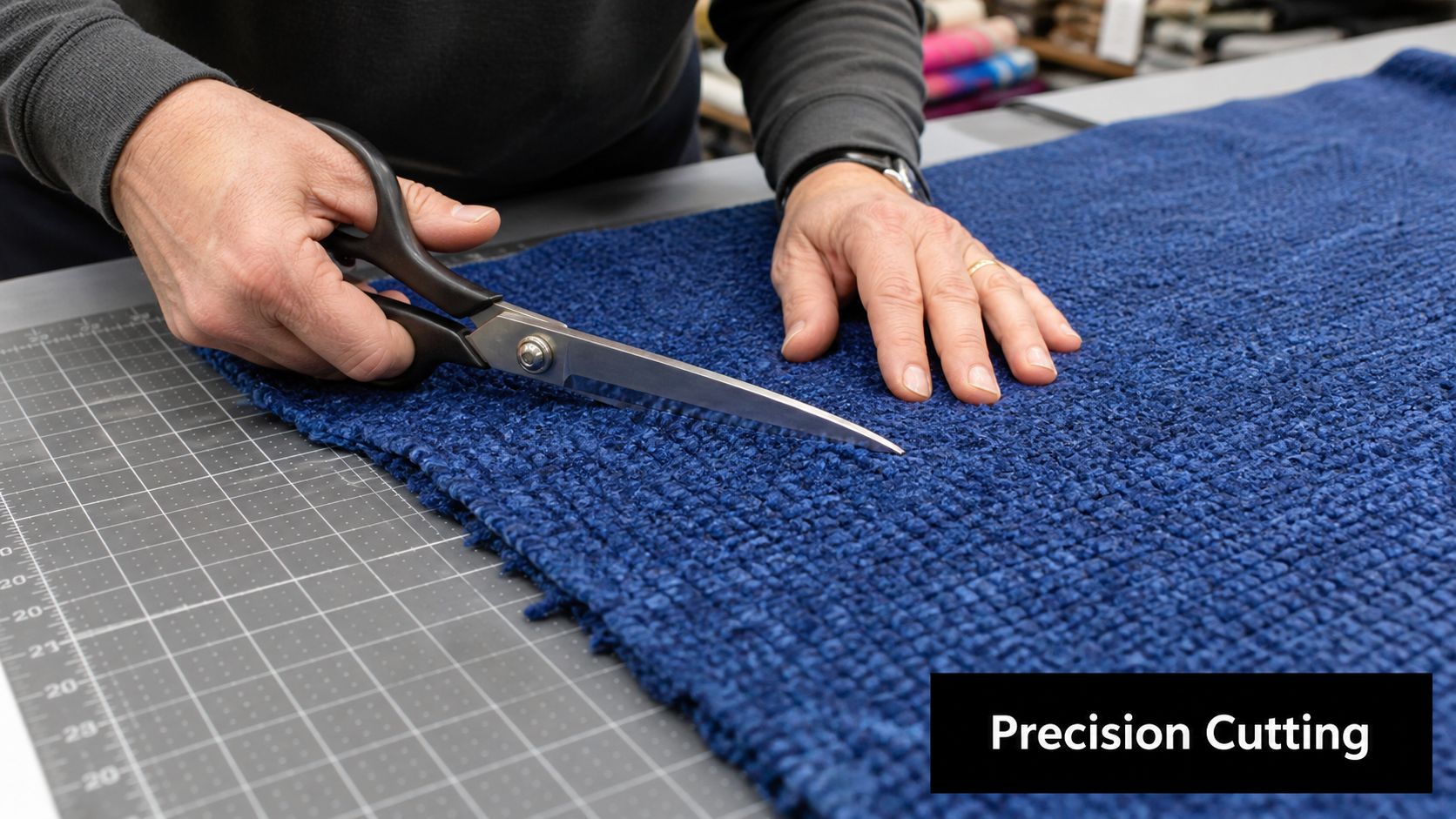 A craftsman uses sharp scissors to perform a precise cut on textured blue boucle fabric.