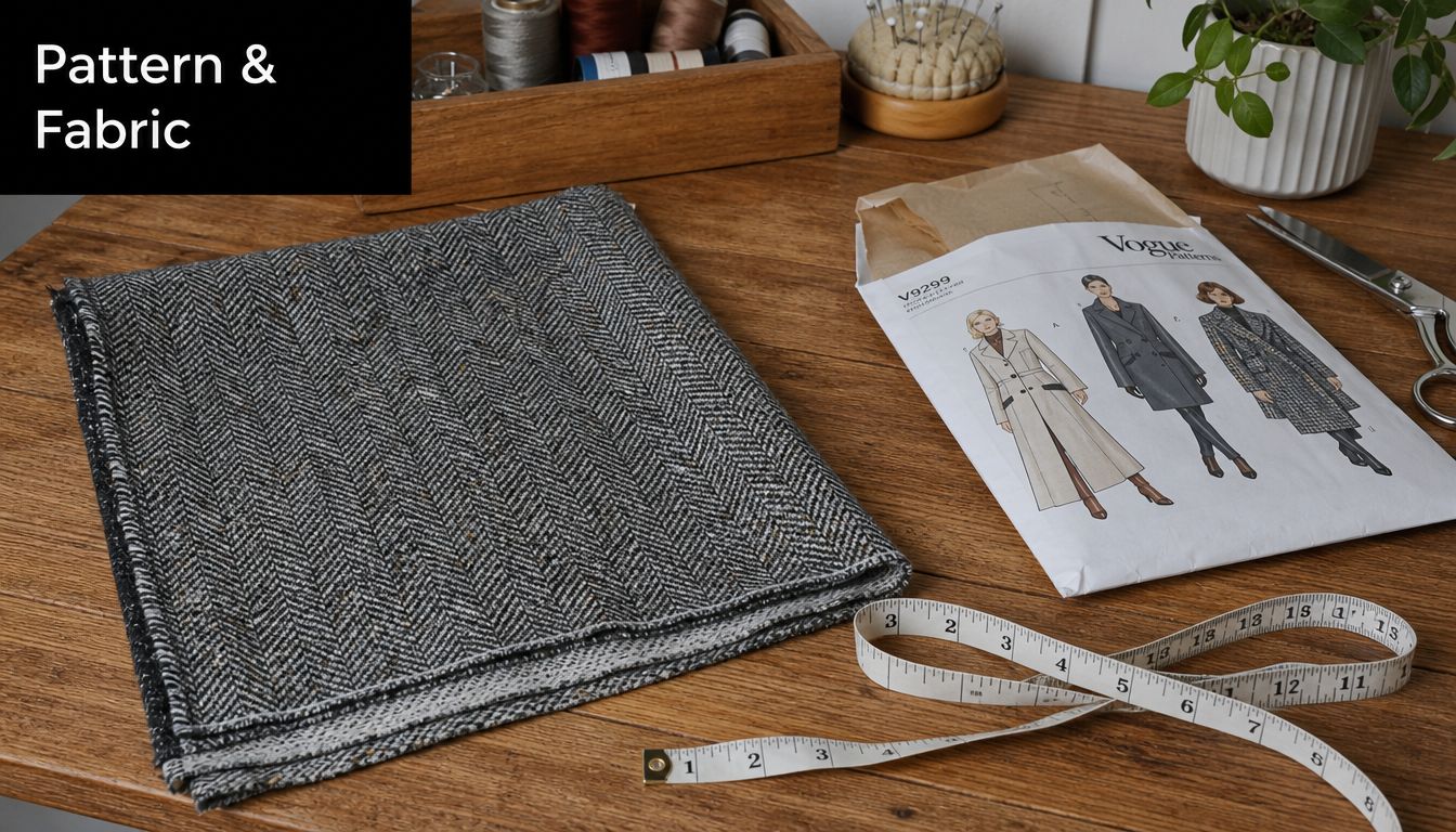 A piece of grey herringbone fabric beside a Vogue pattern envelope, measuring tape, and sewing supplies.