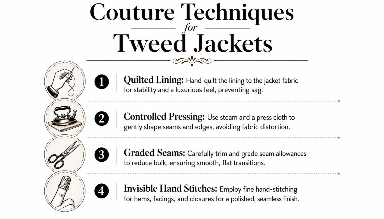 An infographic titled Couture Techniques for Tweed Jackets featuring four essential steps for professional garment sewing.