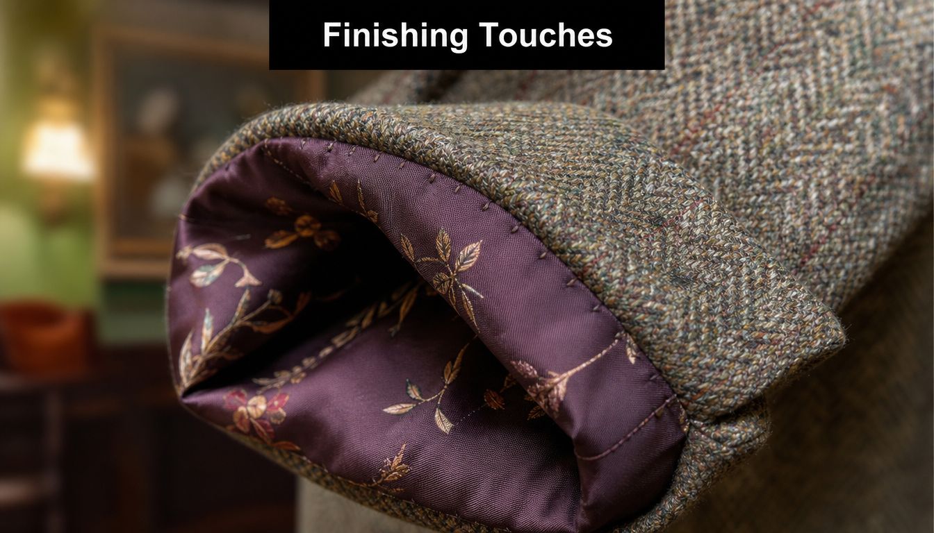 A close-up view showing the intricate finish of a tweed jacket sleeve with elegant floral-patterned purple lining.