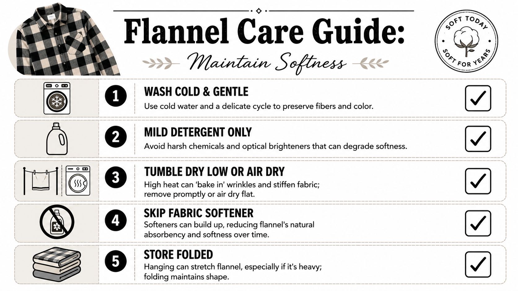 A five-step instructional guide on how to properly wash and care for flannel shirts to maintain softness.