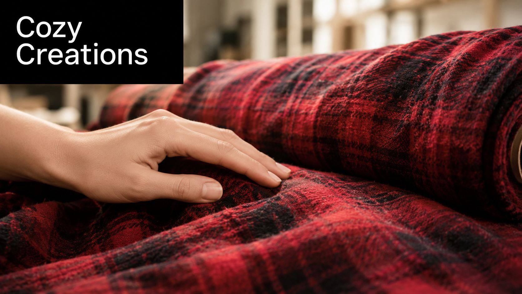 A person's hand resting on a soft roll of red and black plaid flannel fabric.