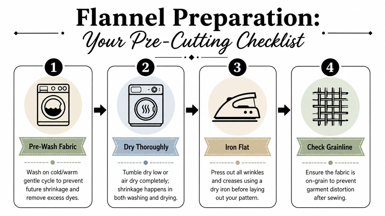 A four-step checklist for preparing flannel fabric including pre-washing, drying, ironing, and checking the grainline.