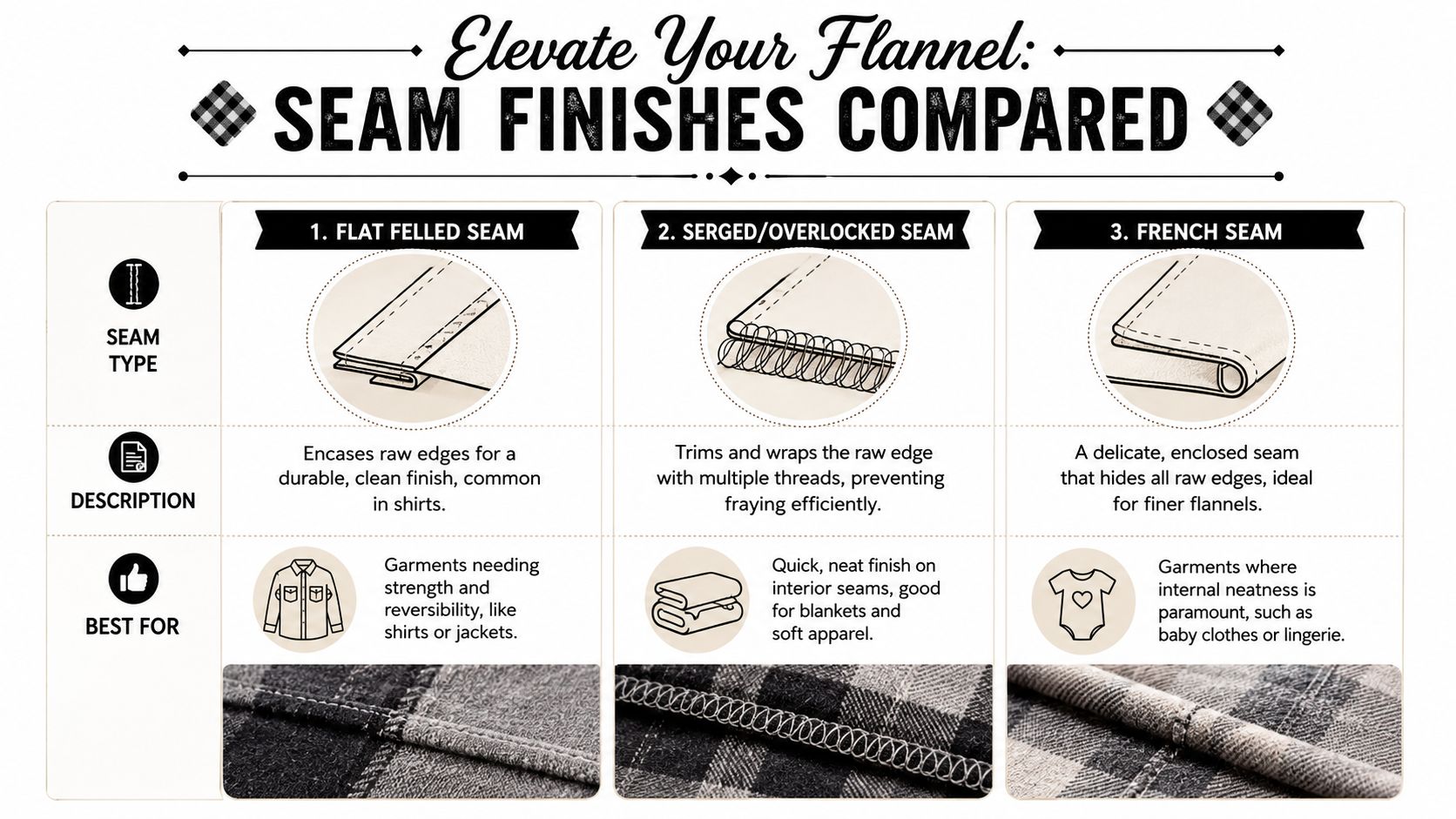 A comparison chart showing three different types of seam finishes for flannel fabrics, including descriptions and use cases.
