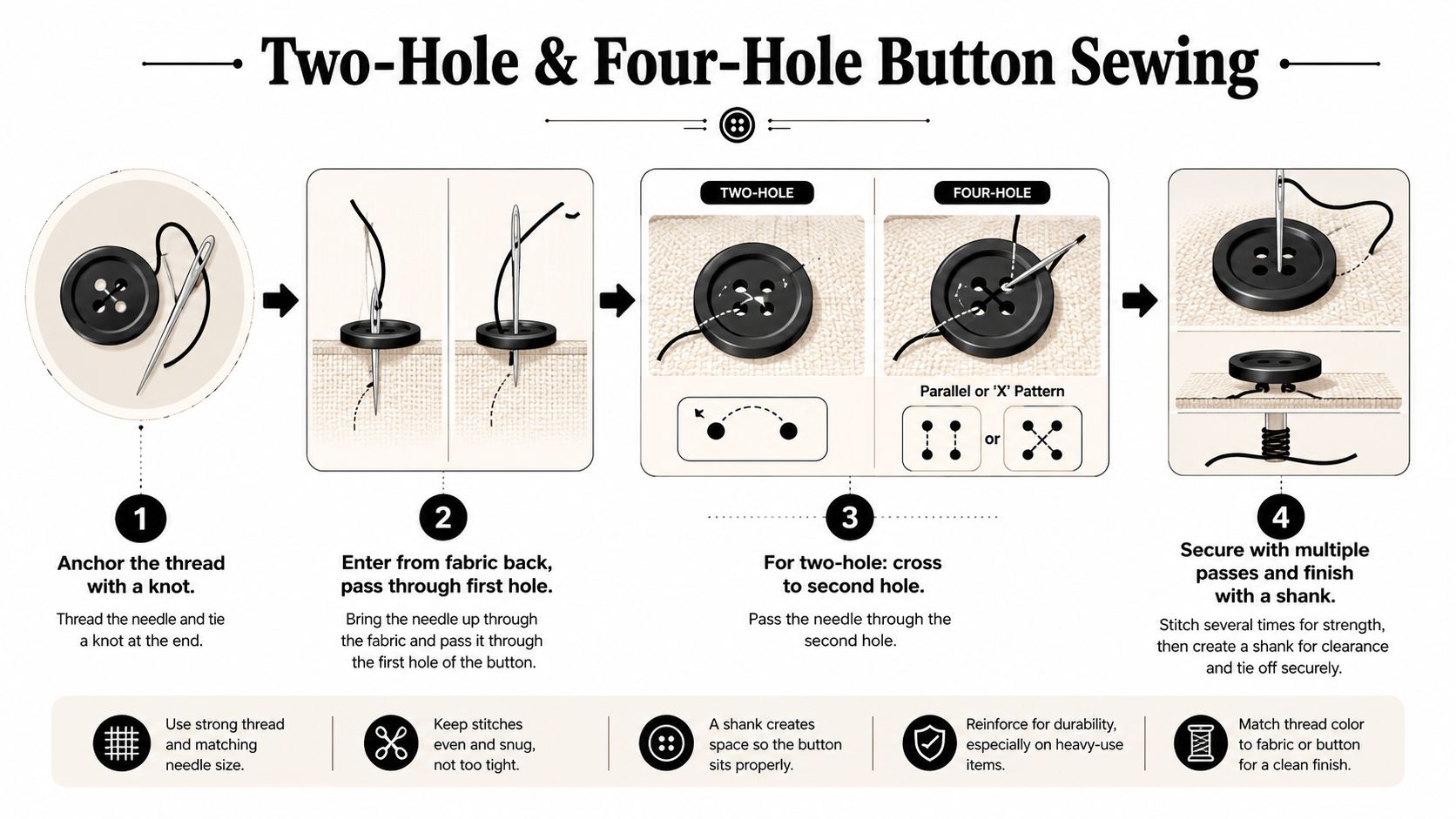 A step-by-step instructional infographic showing how to sew two-hole and four-hole buttons onto fabric by hand.