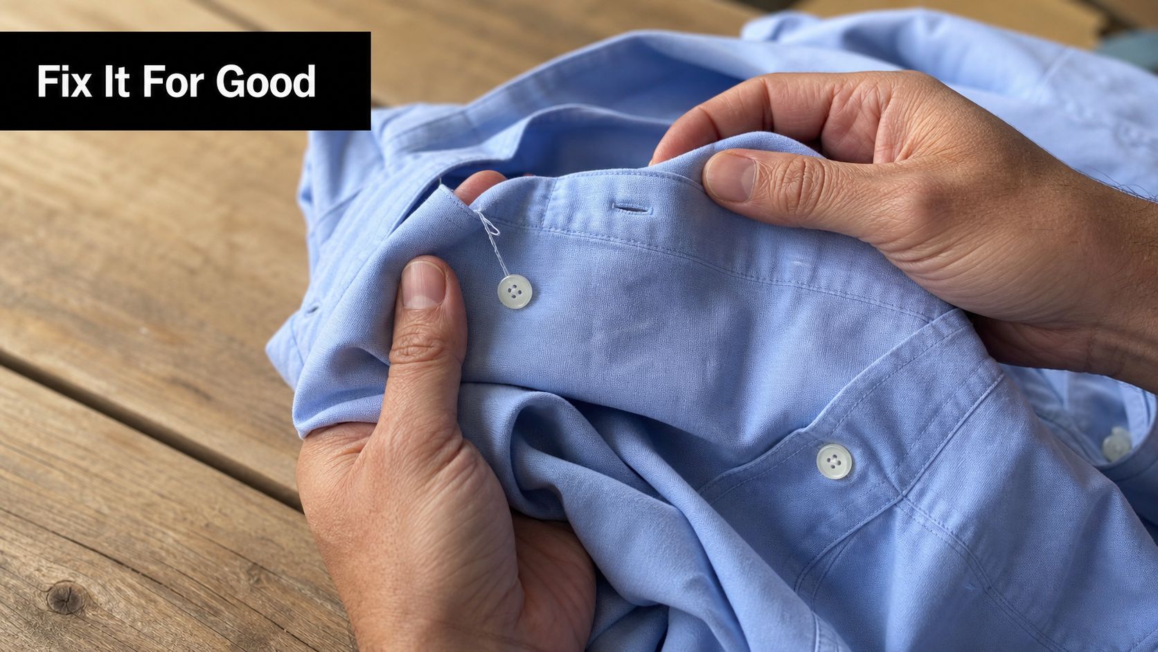 A person sewing a loose button back onto a light blue dress shirt on a wooden table.