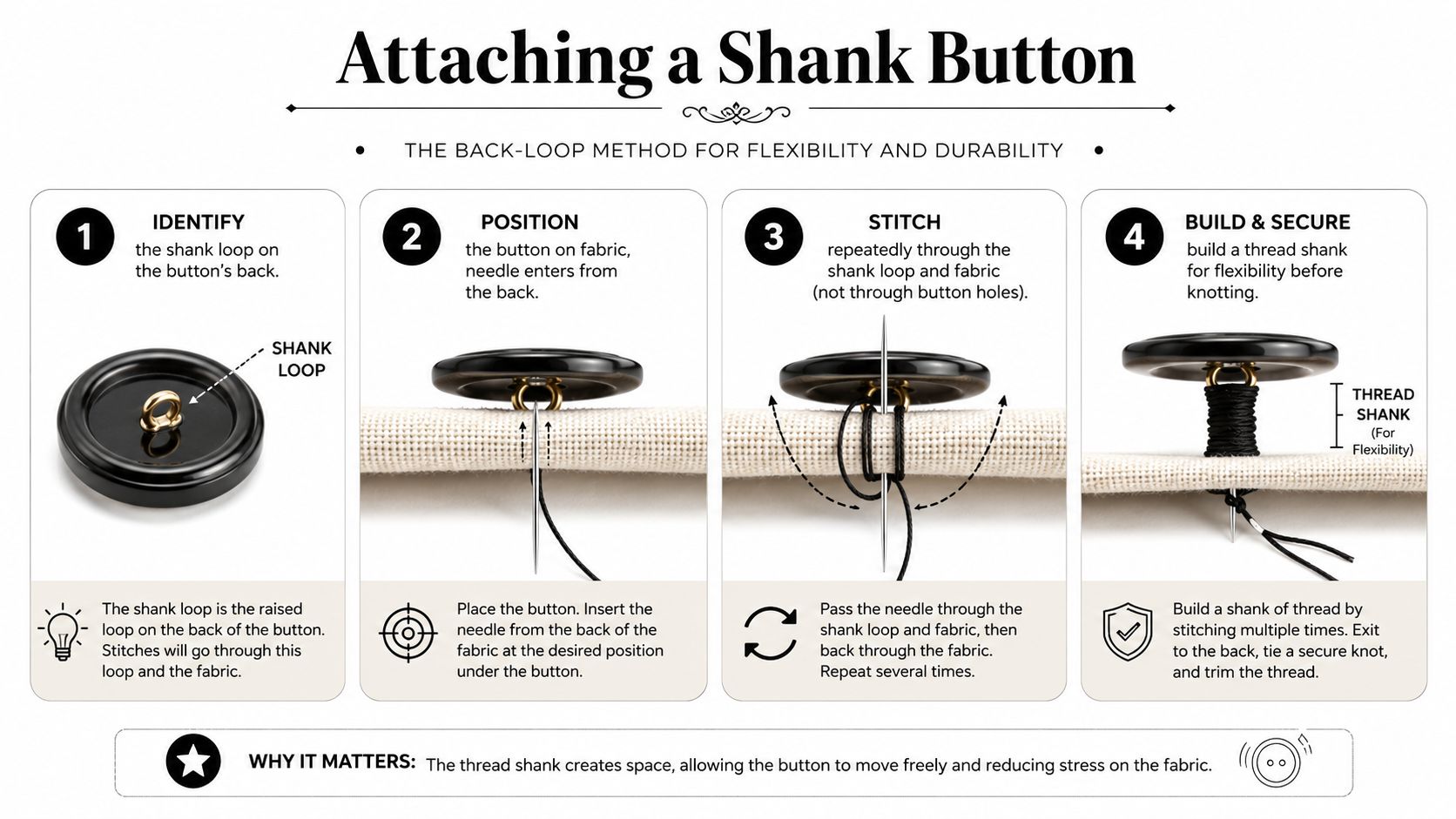 A four-step instructional infographic showing the process of attaching a shank button to fabric with thread.