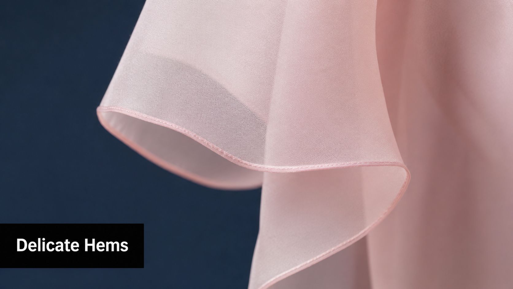 A close-up of a delicate, soft pink chiffon fabric edge featuring a fine, clean rolled hem finish.