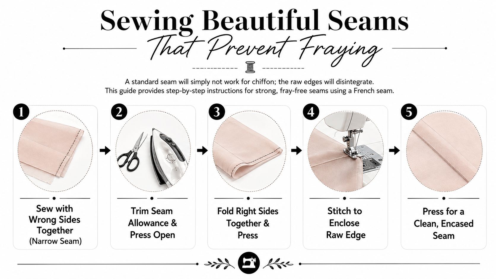 A five-step instructional guide on how to create a French seam to prevent chiffon fabric from fraying.