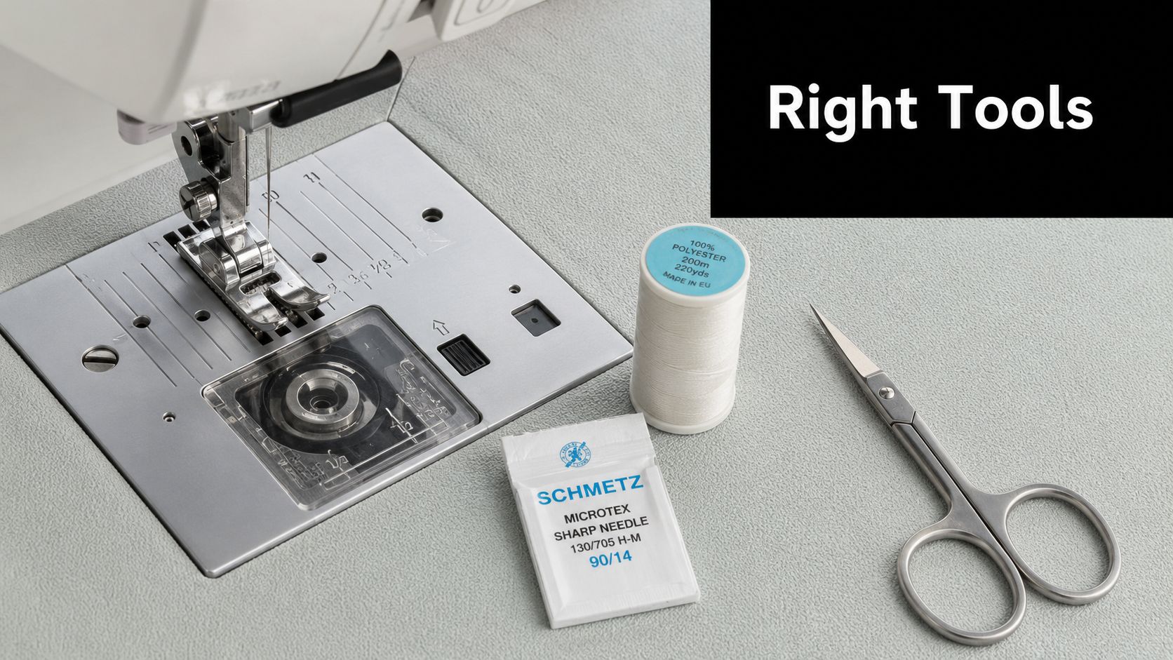 A sewing machine, spool of white polyester thread, Schmetz needles, and scissors arranged on a table.