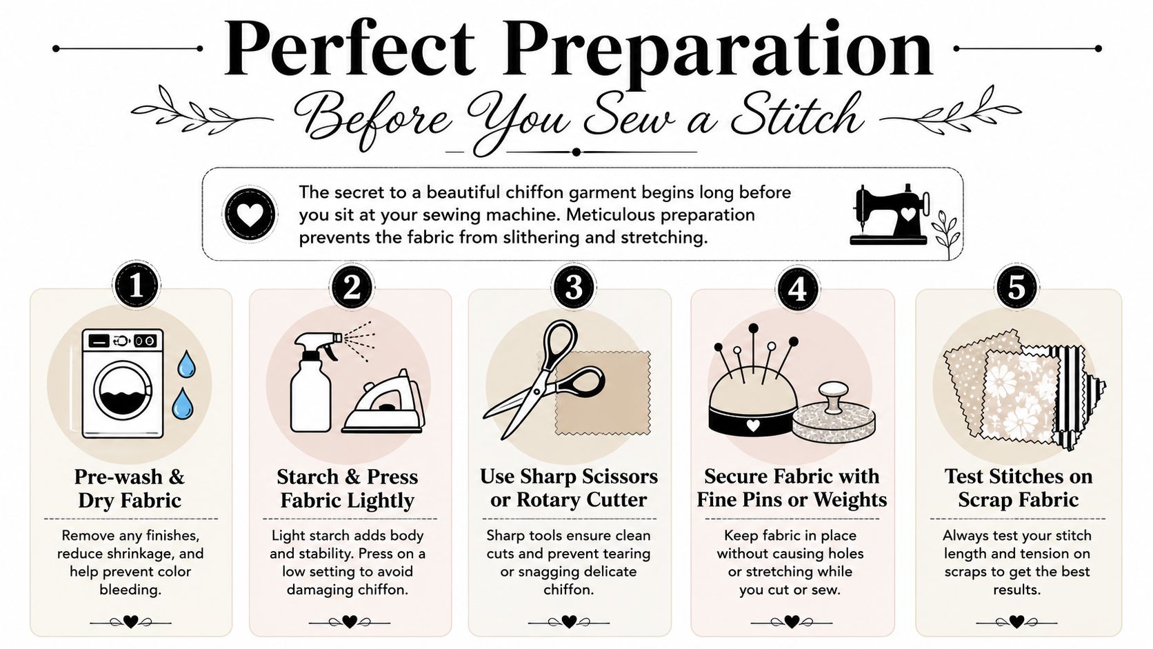 A helpful infographic showing five essential steps for preparing chiffon fabric before starting to sew.